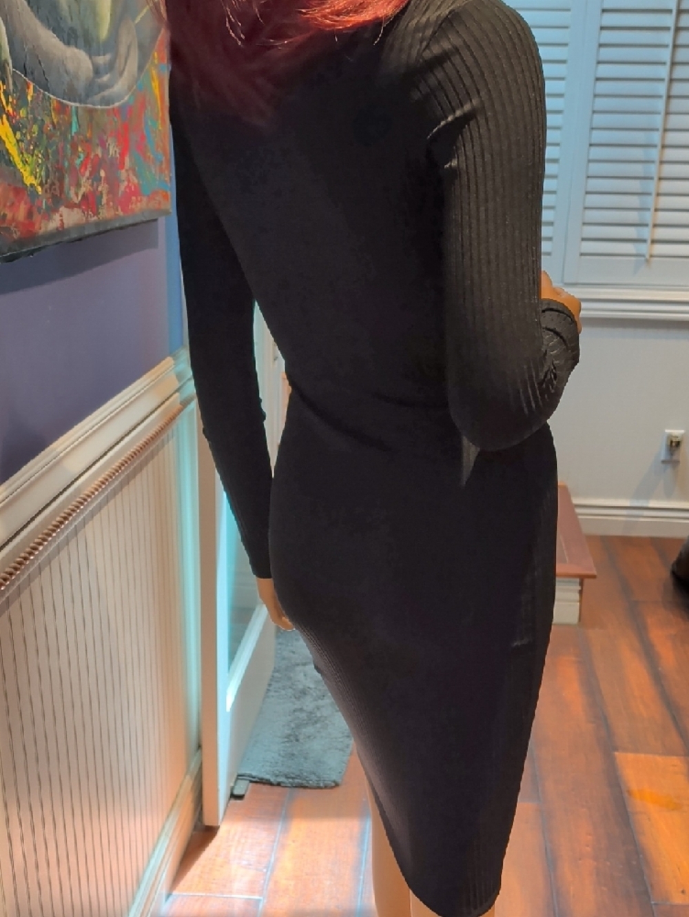 Missguided Black Ribbed Long Sleeve Bodycon Midi Dress - Picture 3 of 6